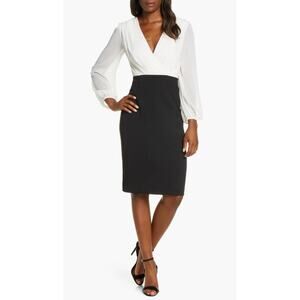 Harper Rose womens 4 Black White Wrap Bodice Long Sleeve Midi Work Dress NEW
